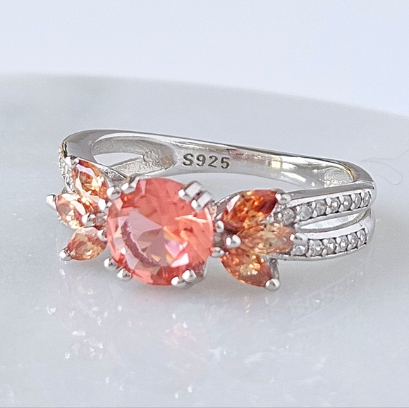 Coral Pink & Peach Gemstone Flower Ring, 925 Sterling Silver Charmed Aroma 2019 - Picture 3 of 4